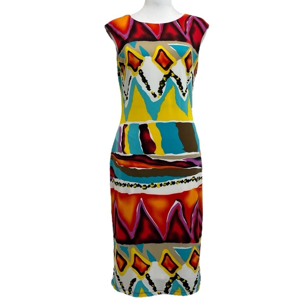 Frank Lyman Vintage Rainbow Multicolor Tribal Print Jersey Midi Shift Dress